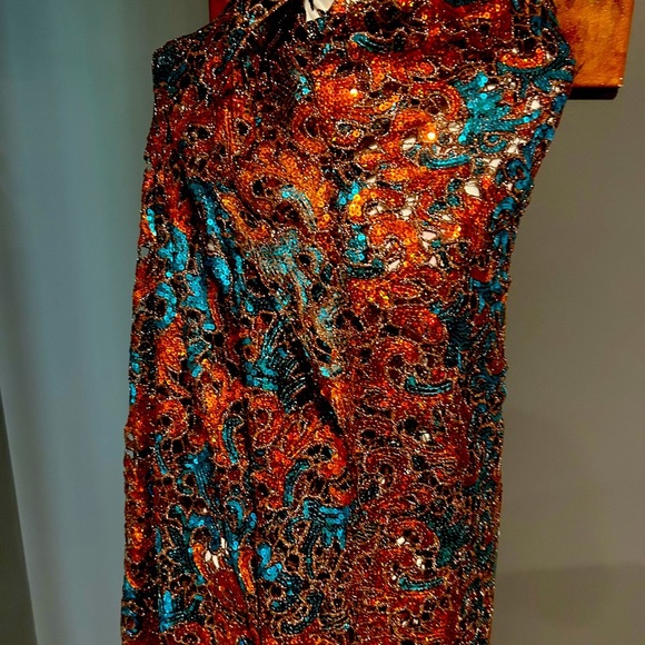 5 Yards Blue & Orange African Cord Guipure Lace Crystals Fabric - Picture 3 of 9